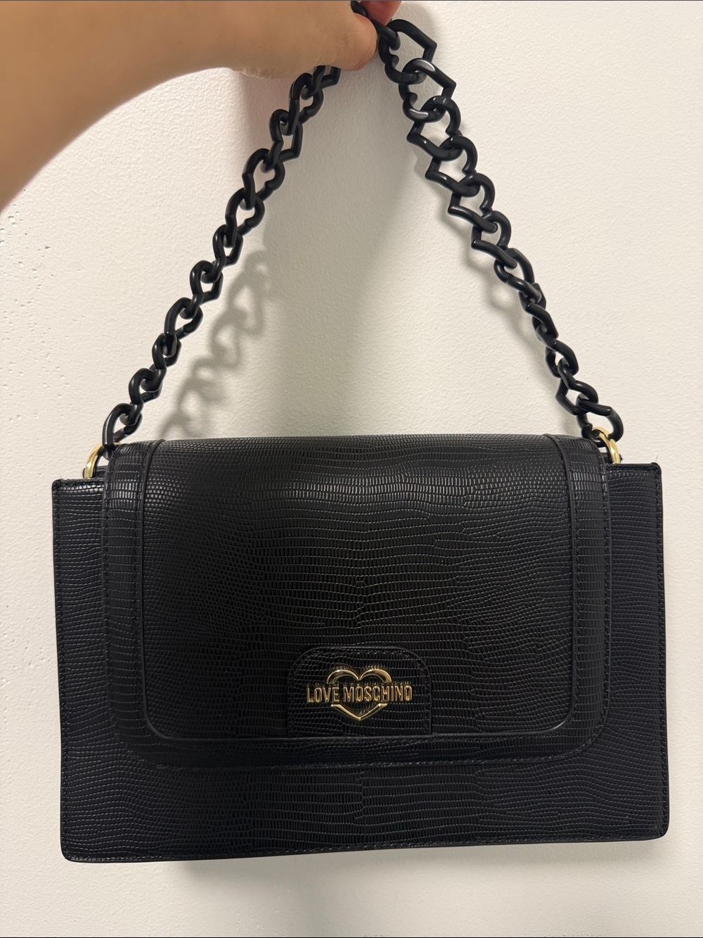 Love Moschino Black Textured Shoulder Bag with Chain Handle